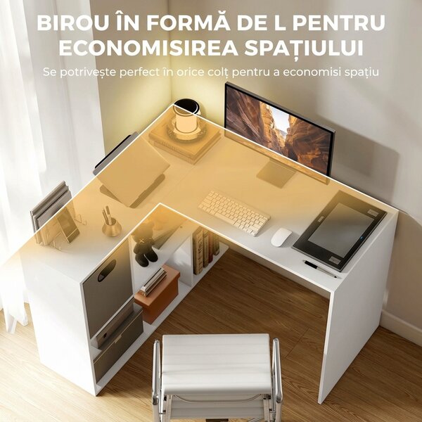 HOMCOM Birou Colțar pentru Computer, 110x100 cm, Birou în Formă de L cu Raft și Sertar din Material Textil, Masă pentru PC pentru Dormitor, Birou și Studio, Alb | Aosom Romania