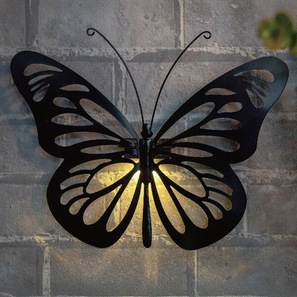Set 2 x Decoratiune solara metalica, forma de fluture 34x26 cm, Negru