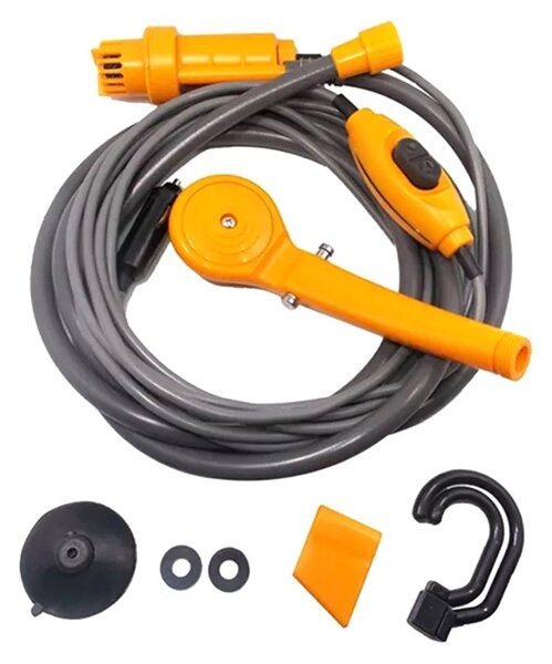 Dus portabil cu pompa, capacitate sac: 5L, filtru pompa, reglare flux apa, 60W, 12V, plastic, galben/gri