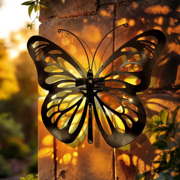 Set 2 x Decoratiune solara metalica, forma de fluture 34x26 cm, Negru