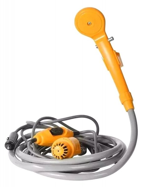 Dus portabil cu pompa, capacitate sac: 5L, filtru pompa, reglare flux apa, 60W, 12V, plastic, galben/gri