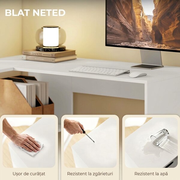HOMCOM Birou Colțar pentru Computer, 110x100 cm, Birou în Formă de L cu Raft și Sertar din Material Textil, Masă pentru PC pentru Dormitor, Birou și Studio, Alb | Aosom Romania