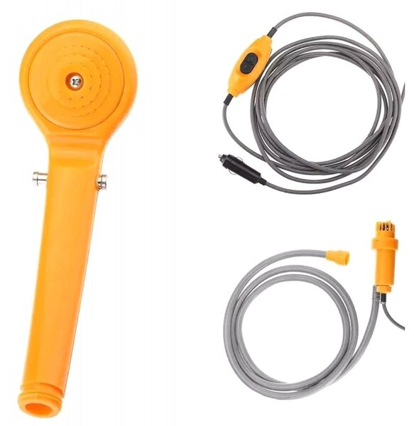 Dus portabil cu pompa, capacitate sac: 5L, filtru pompa, reglare flux apa, 60W, 12V, plastic, galben/gri