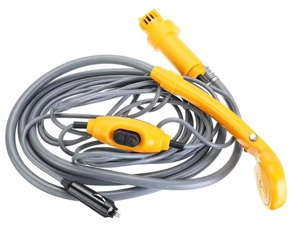 Dus portabil cu pompa, capacitate sac: 5L, filtru pompa, reglare flux apa, 60W, 12V, plastic, galben/gri