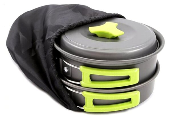 Set ustensile camping, 9 piese, oala, tigaie, capac, lingula lemn, cani, chiuveta, husa inclusa, 416g, aluminiu, gri
