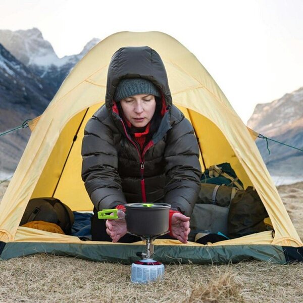 Set ustensile camping, 9 piese, oala, tigaie, capac, lingula lemn, cani, chiuveta, husa inclusa, 416g, aluminiu, gri