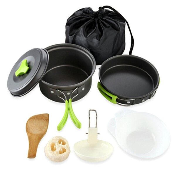 Set ustensile camping, 9 piese, oala, tigaie, capac, lingula lemn, cani, chiuveta, husa inclusa, 416g, aluminiu, gri