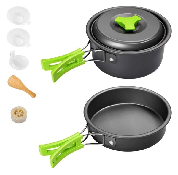 Set ustensile camping, 9 piese, oala, tigaie, capac, lingula lemn, cani, chiuveta, husa inclusa, 416g, aluminiu, gri