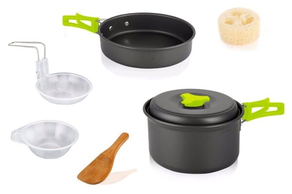 Set ustensile camping, 9 piese, oala, tigaie, capac, lingula lemn, cani, chiuveta, husa inclusa, 416g, aluminiu, gri