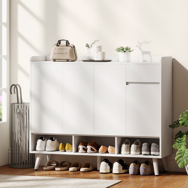 HOMCOM Pantofar Hol cu 4 Uși Push-to-Open, Rafturi Reglabile, MDF și Lemn Pin, 120x35x100 cm, Alb | Aosom Romania