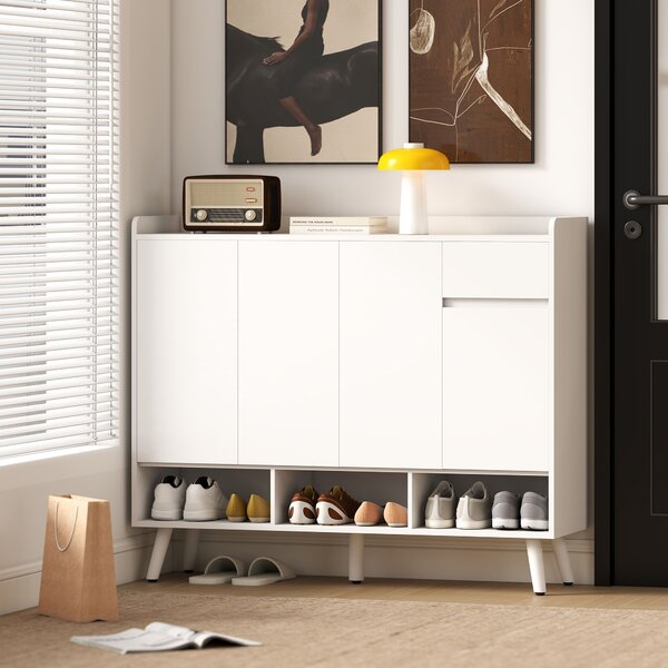HOMCOM Pantofar Hol cu 4 Uși Push-to-Open, Rafturi Reglabile, MDF și Lemn Pin, 120x35x100 cm, Alb | Aosom Romania