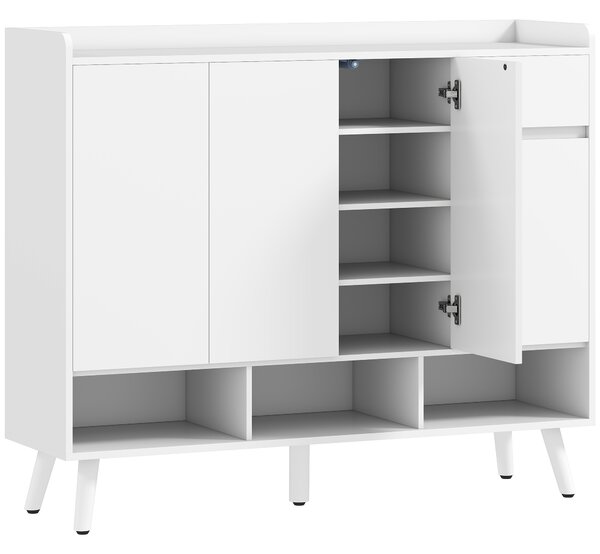 HOMCOM Pantofar Hol cu 4 Uși Push-to-Open, Rafturi Reglabile, MDF și Lemn Pin, 120x35x100 cm, Alb | Aosom Romania