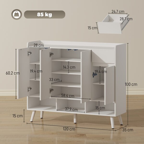 HOMCOM Pantofar Hol cu 4 Uși Push-to-Open, Rafturi Reglabile, MDF și Lemn Pin, 120x35x100 cm, Alb | Aosom Romania