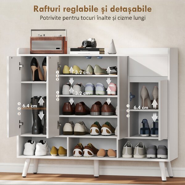 HOMCOM Pantofar Hol cu 4 Uși Push-to-Open, Rafturi Reglabile, MDF și Lemn Pin, 120x35x100 cm, Alb | Aosom Romania