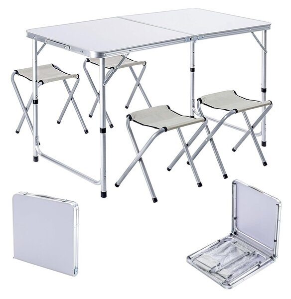 Set masa cu 4 scaune pentru camping, inaltime masa reglabila, picioare antiderapante, aluminiu, argintiu
