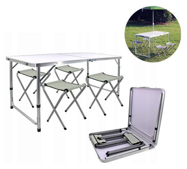 Set masa cu 4 scaune pentru camping, inaltime masa reglabila, picioare antiderapante, aluminiu, argintiu