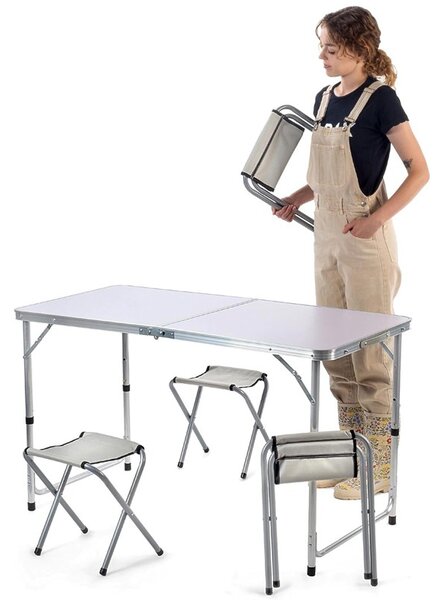 Set masa cu 4 scaune pentru camping, inaltime masa reglabila, picioare antiderapante, aluminiu, argintiu