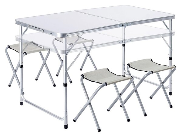 Set masa cu 4 scaune pentru camping, inaltime masa reglabila, picioare antiderapante, aluminiu, argintiu