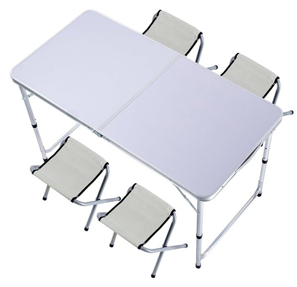Set masa cu 4 scaune pentru camping, inaltime masa reglabila, picioare antiderapante, aluminiu, argintiu