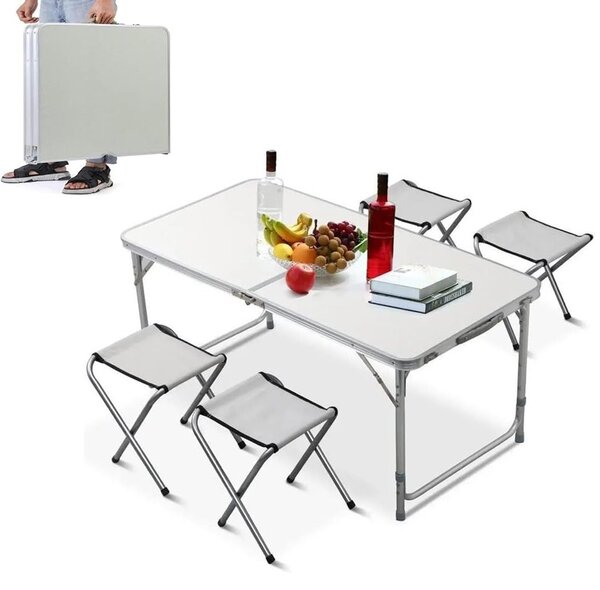 Set masa cu 4 scaune pentru camping, inaltime masa reglabila, picioare antiderapante, aluminiu, argintiu