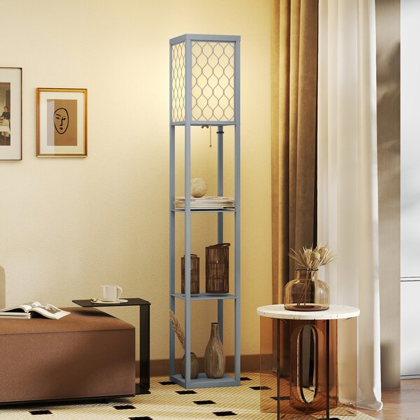 HOMCOM Lampadar Podea 2 în 1, 3 Rafturi, Economisire Spațiu, Soclu E27, 26x26x160 cm, Gri Deschis | Aosom Romania