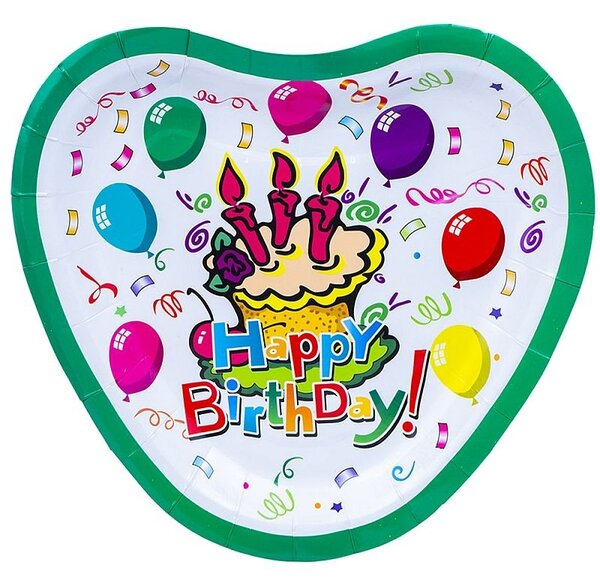 Set 10 farfurii Happy Birthday, forma inimioara, carton, 23 cm