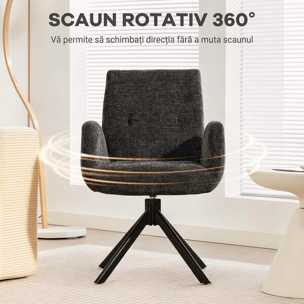 HOMCOM Fotoliu Rotativ pentru Dormitor, Material Textil cu Aspect de In și Picioare Înclinate din Oțel, Negru | Aosom Romania