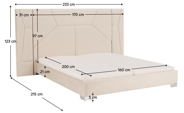 KONDELA Pat cu somieră şi iluminare LED, 160x200, ţesătură Velvet bej, ALTESA