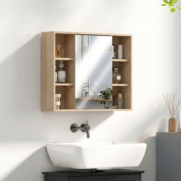 HOMCOM Dulap cu oglindă din MDF și PAL, cu 3 rafturi laterale și raft interior reglabil, 60x14.5x49.4 cm | Aosom Romania