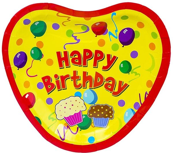 Set 10 farfurii Happy Birthday, forma inimioara, carton, 23 cm
