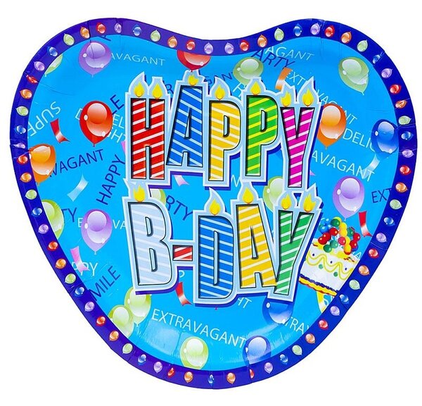 Set 10 farfurii Happy Birthday, forma inimioara, carton, 23 cm