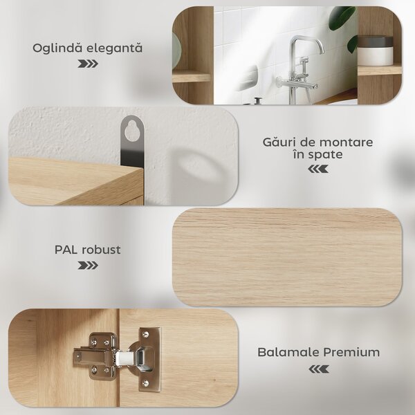 HOMCOM Dulap cu oglindă din MDF și PAL, cu 3 rafturi laterale și raft interior reglabil, 60x14.5x49.4 cm | Aosom Romania