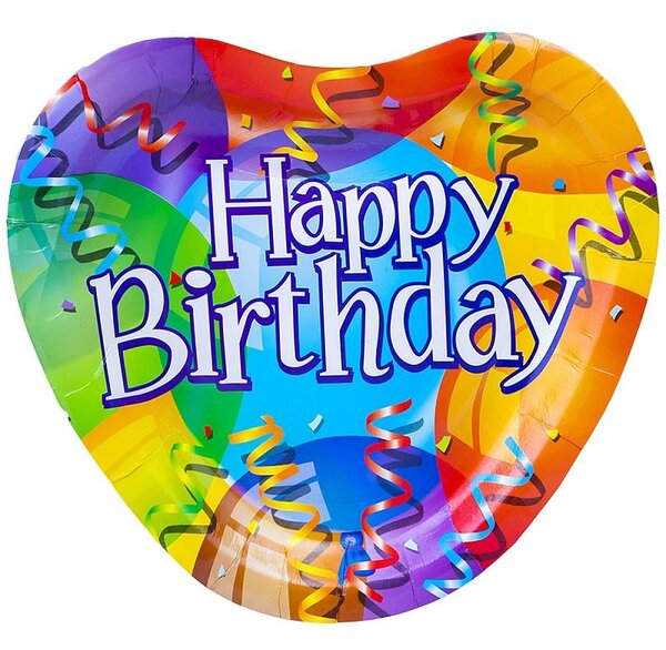Set 10 farfurii Happy Birthday, forma inimioara, carton, 23 cm