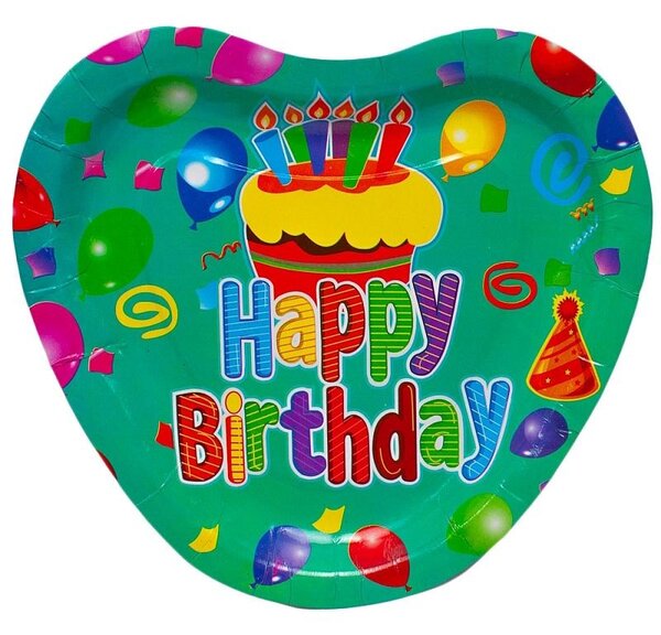Set 10 farfurii Happy Birthday, forma inimioara, carton, 23 cm