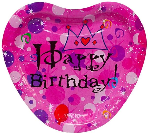 Set 10 farfurii Happy Birthday, forma inimioara, carton, 23 cm
