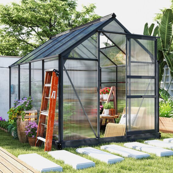 Outsunny Seră de Grădină, Seră din Policarbonat și Aluminiu cu Ușă Culisantă, Ventilație pe Acoperiș și Jgheab, 190x192x201 cm, Gri | Aosom Romania