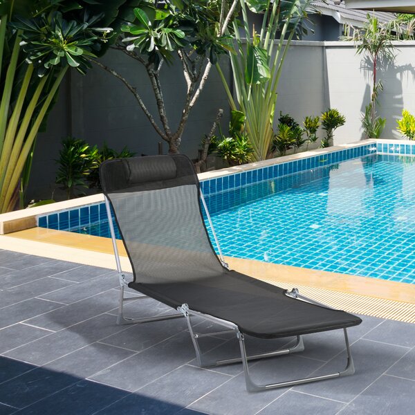Outsunny Șezlong Pliabil cu Spătar Reglabil pe 5 Nivele și Pernă, Șezlong de Grădină cu Material Respirabil Textilen, pentru Plajă, Piscină, Grădină, 182x56x28 cm, Negru | Aosom Romania