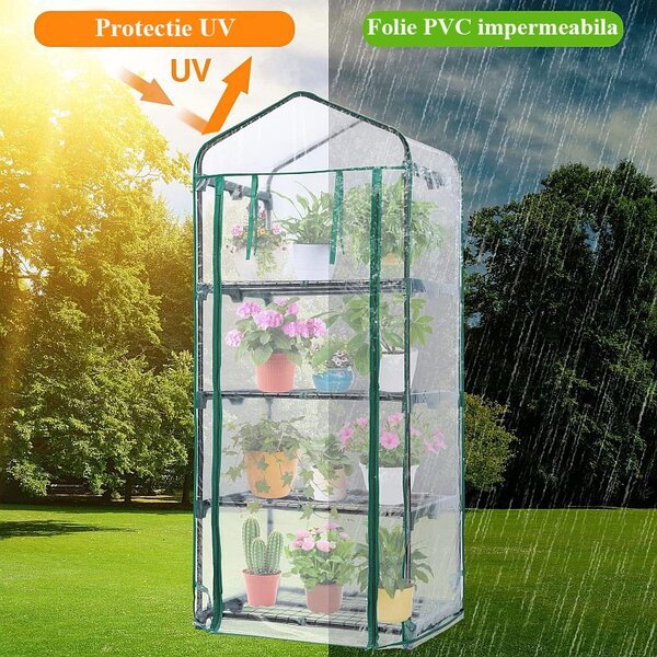 Mini solar de gradina cu 4 niveluri, usa rulou cu fermoar, folie PVC, 160x69x49 cm