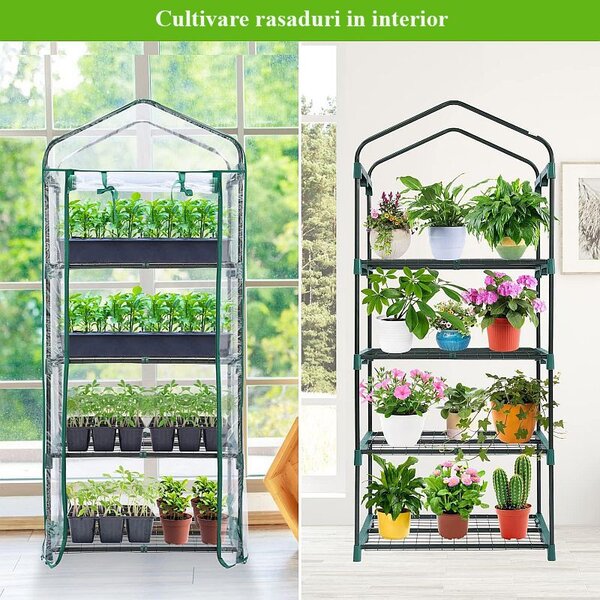 Mini solar de gradina cu 4 niveluri, usa rulou cu fermoar, folie PVC, 160x69x49 cm