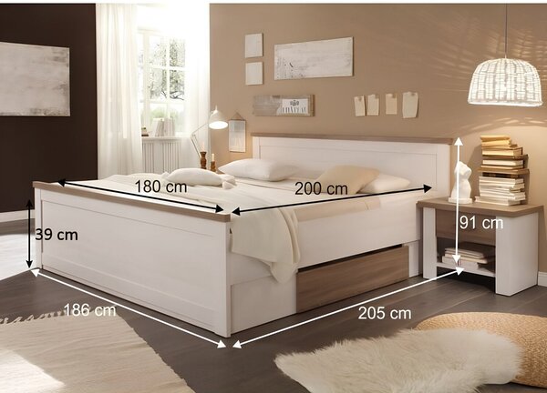 Cadru pat LUMERA 180x200, pin alb/stejar trufa, PAL melaminat, cu 2 se