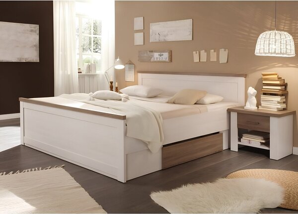 Cadru pat LUMERA 180x200, pin alb/stejar trufa, PAL melaminat, cu 2 se