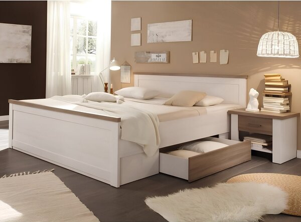 Cadru pat LUMERA 180x200, pin alb/stejar trufa, PAL melaminat, cu 2 se