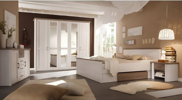 Cadru pat LUMERA 180x200, pin alb/stejar trufa, PAL melaminat, cu 2 se