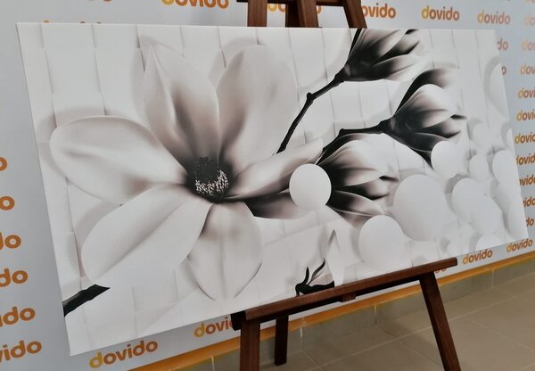 Tablou magnolie cu elemente abstracte alb-negru
