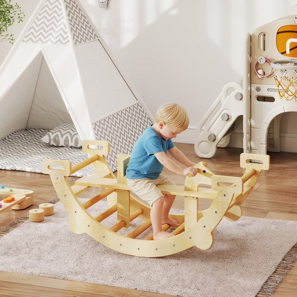 AIYAPLAY Arc Montessori din Lemn pentru Copii 2-4 Ani, Convertibil în Balansoar, Joc de Cățărare, 110x52x45 cm, culoare Lemn | Aosom Romania