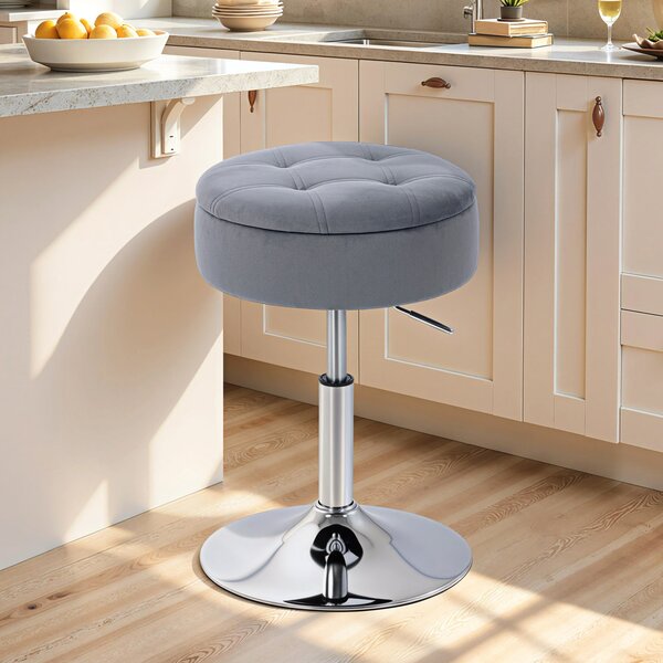 HOMCOM Round Bar Stool, Height Adjustable Swivel Pub Chair with Storage and Metal Base, Backless Tufted Makeup Stool for Breakfast Counter, Kitchen Island, Bedroom, Living Room, Grey | Aosom Romania
