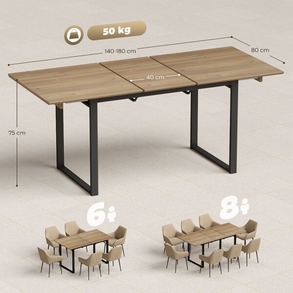 HOMCOM Masă de Luat Masa Extensibilă pentru 6-8 Persoane cu Panouri Detașabile, 140-180cm Masă Rectangulară Extensibilă cu Bază din Oțel, Stil Industrial, pentru Sufragerie, Culoare Lemn | Aosom Romania