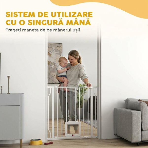 PawHut Poartă pentru Câini și Pisici Extensibilă cu Ușă Integrată, Poartă din Oțel și ABS, 75-85x2x76 cm, Alb | Aosom Romania