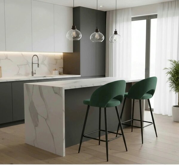 Scaun bar H96, verde inchis/negru, stofa/otel, 48x49x89 cm