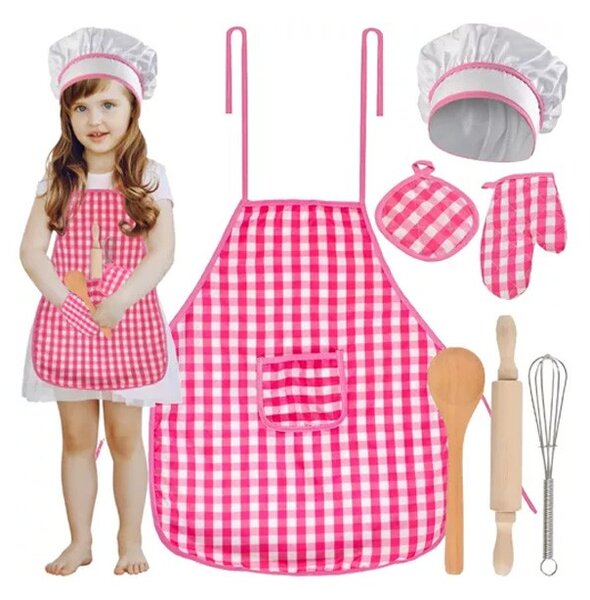 Set de gatit pentru copii, 7 elemente, sort, boneta, ustensile, tinuta completa Chef